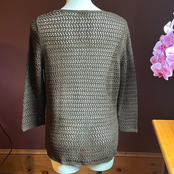 EDDIE BAUER Brown Open Crochet Knit 3/4 Sleeves Sweater XL - Picture 2 of 6